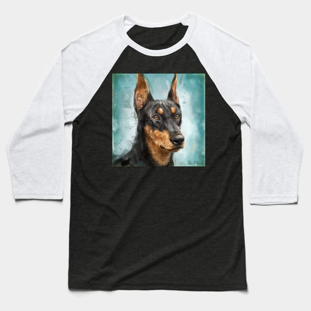 Contemporary Painting of a Black and Gold Doberman Pinscher on Blue Background Baseball T-Shirt by ibadishi